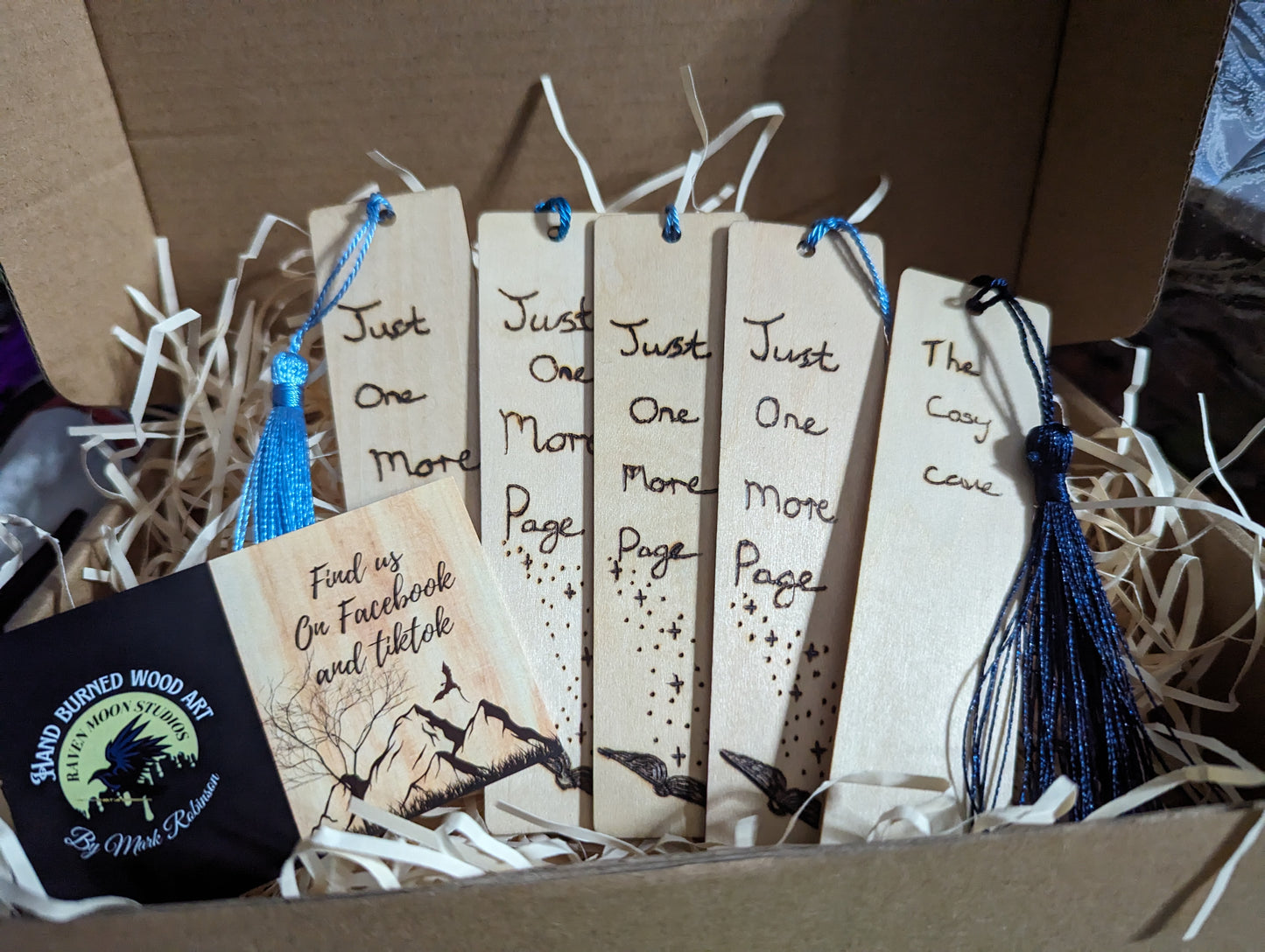 "Just One More Page" hand burnt bookmarks