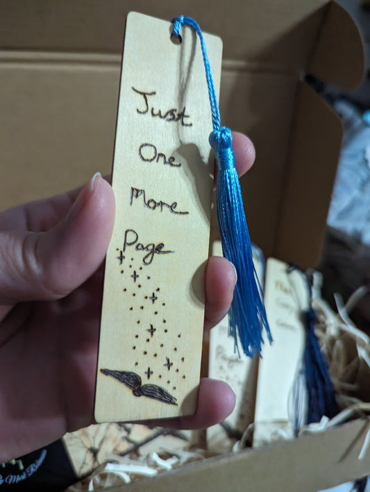 "Just One More Page" hand burnt bookmarks